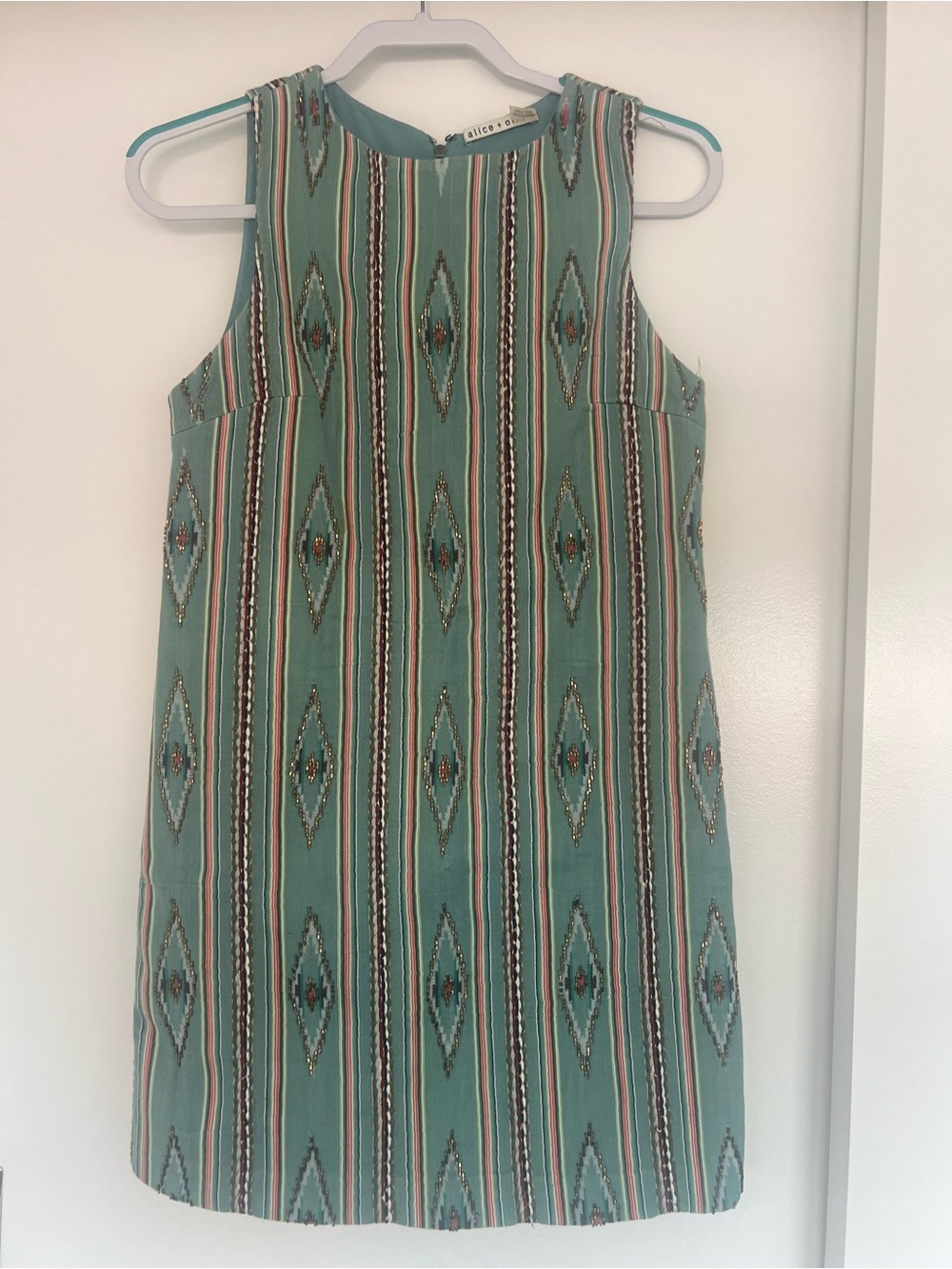 Alice + Olivia Teal Sleeveless Striped Geo Shift Dress